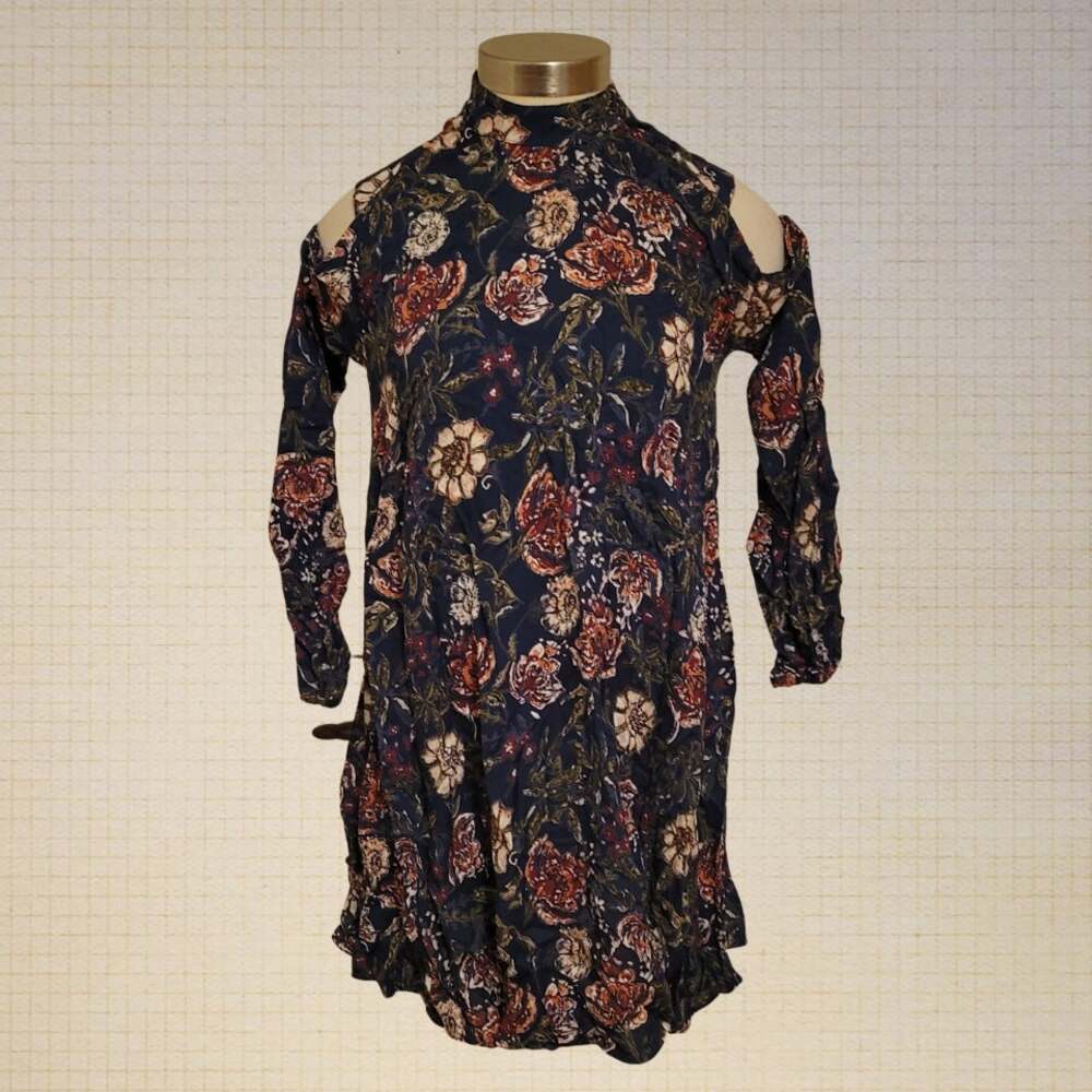Boho 2000s Angie Floral Cold Shoulder Mini Shirt Dress Small Peekaboo Back